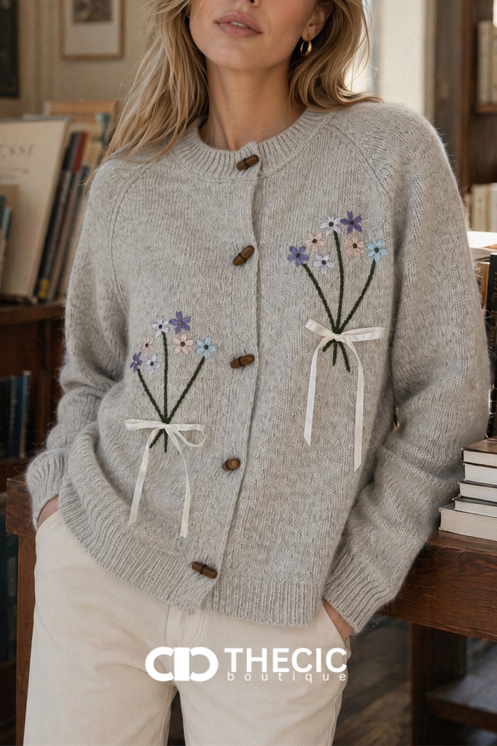 Ribbon Tie Embroidered Floral Knit Cardigan