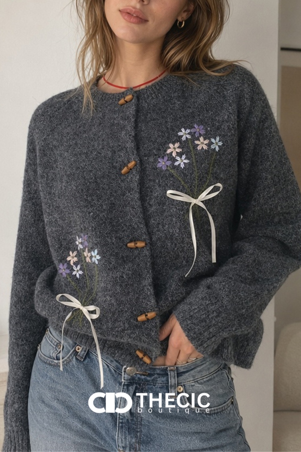 Ribbon Tie Embroidered Floral Knit Cardigan