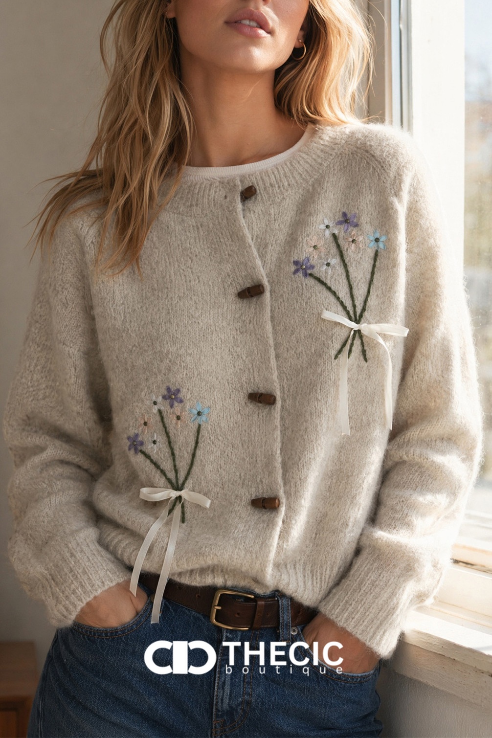 Ribbon Tie Embroidered Floral Knit Cardigan