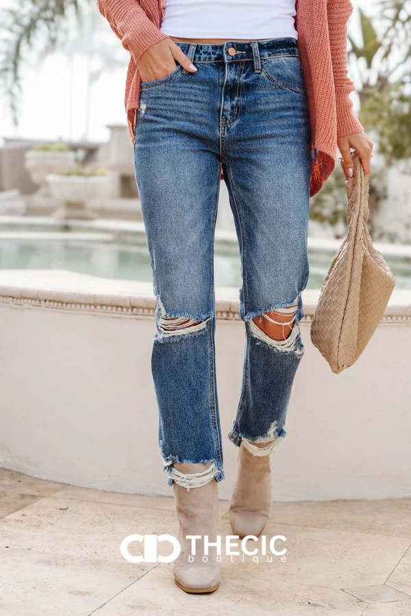 Ripped Distressed Straight Leg Jeans