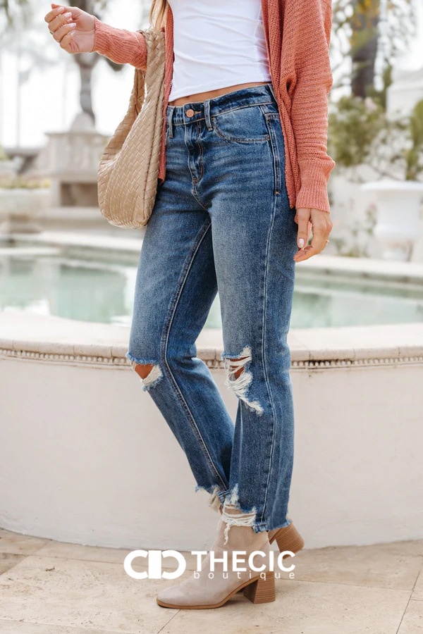 Ripped Distressed Straight Leg Jeans