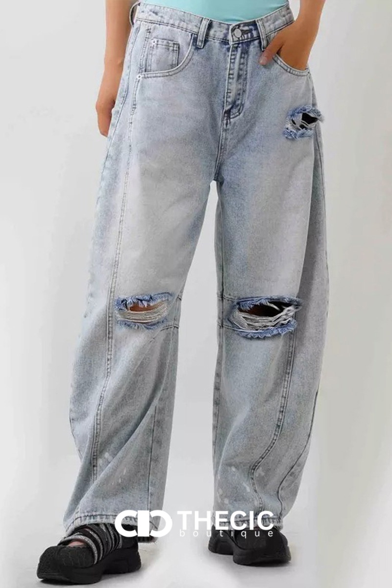 Ripped Distressed Wide-Leg Denim Jeans