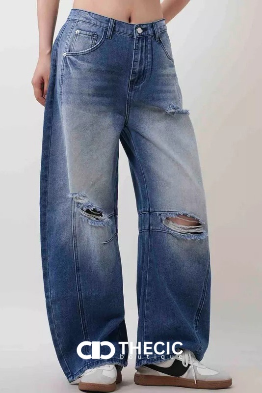 Ripped Distressed Wide-Leg Denim Jeans
