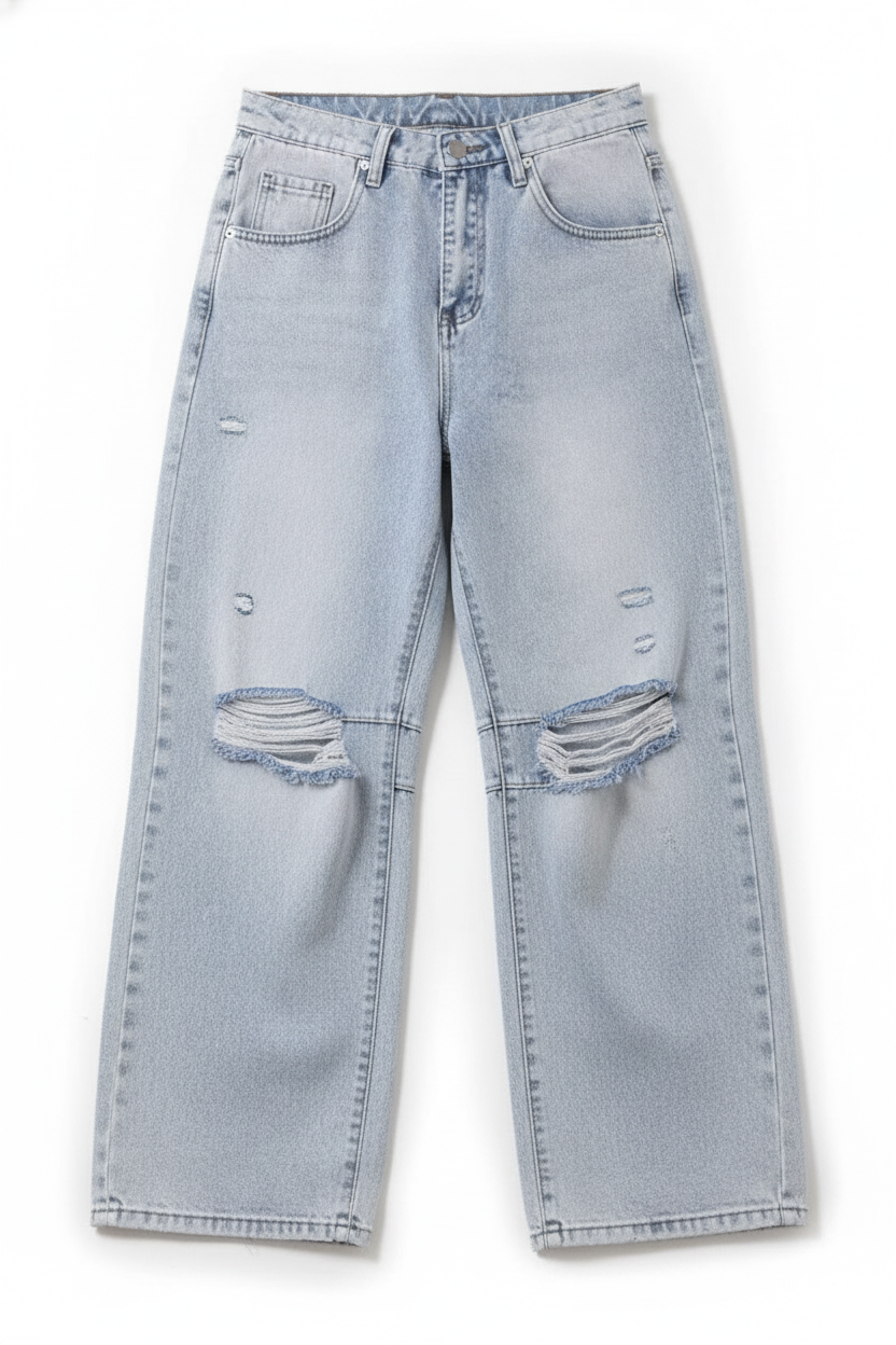 Ripped Distressed Wide-Leg Denim Jeans