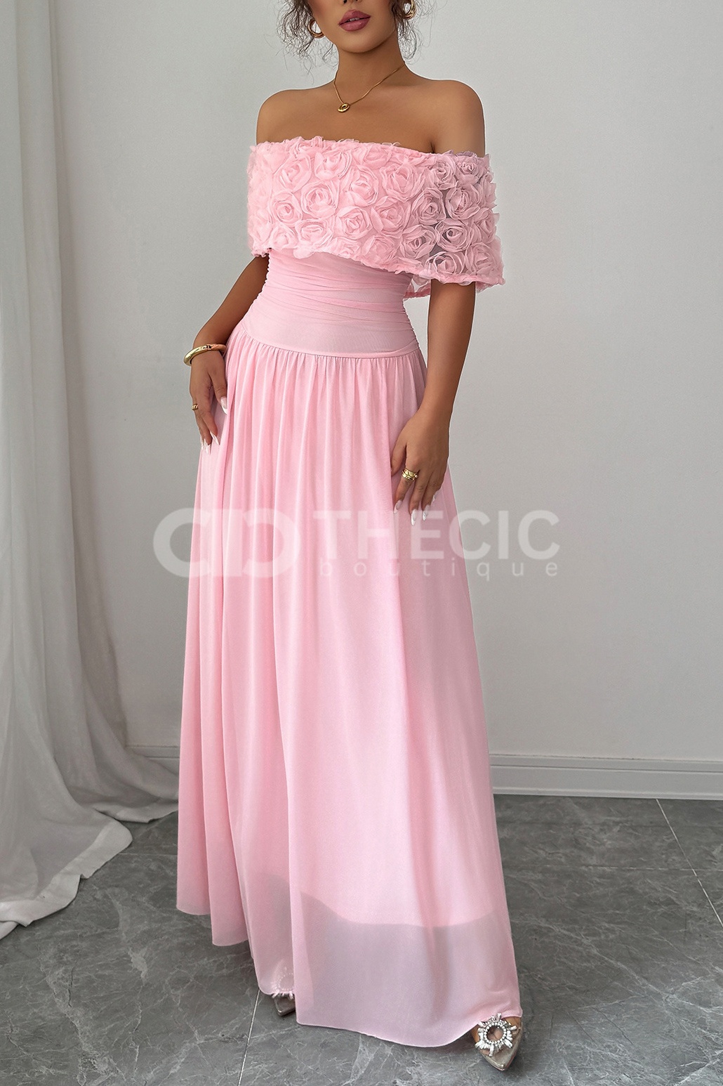 Rose Appliqué Off-Shoulder Ruffle Maxi Dress