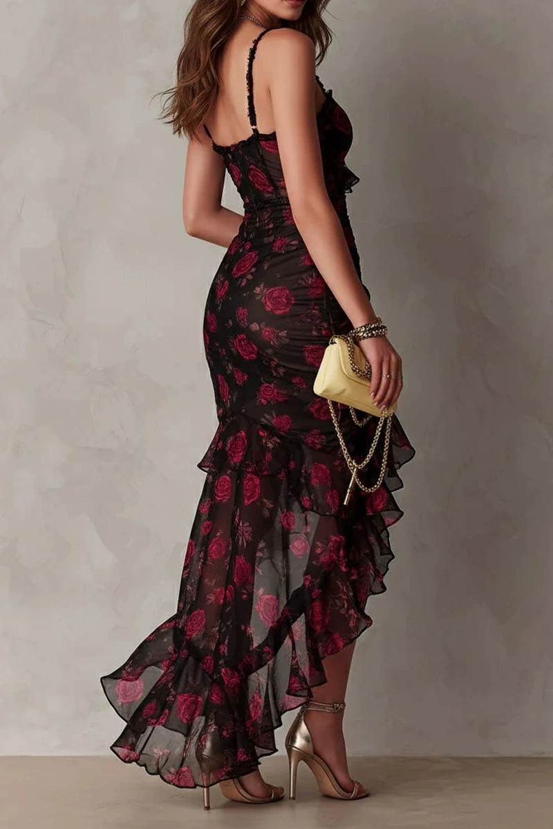 Rose Print Ruffled Asymmetrical Hem Midi Dress