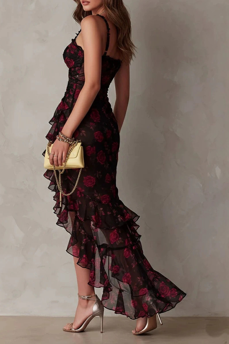 Rose Print Ruffled Asymmetrical Hem Midi Dress