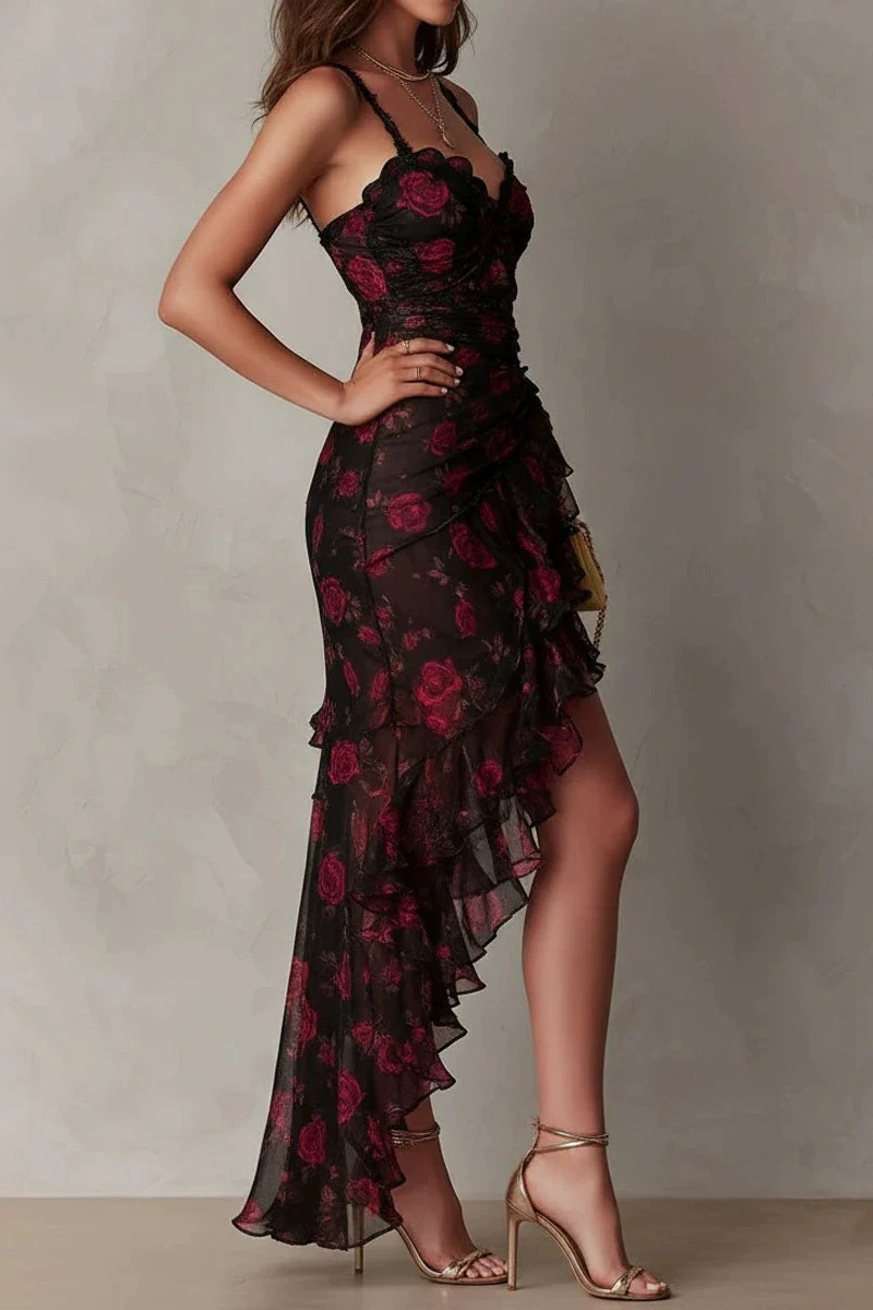 Rose Print Ruffled Asymmetrical Hem Midi Dress