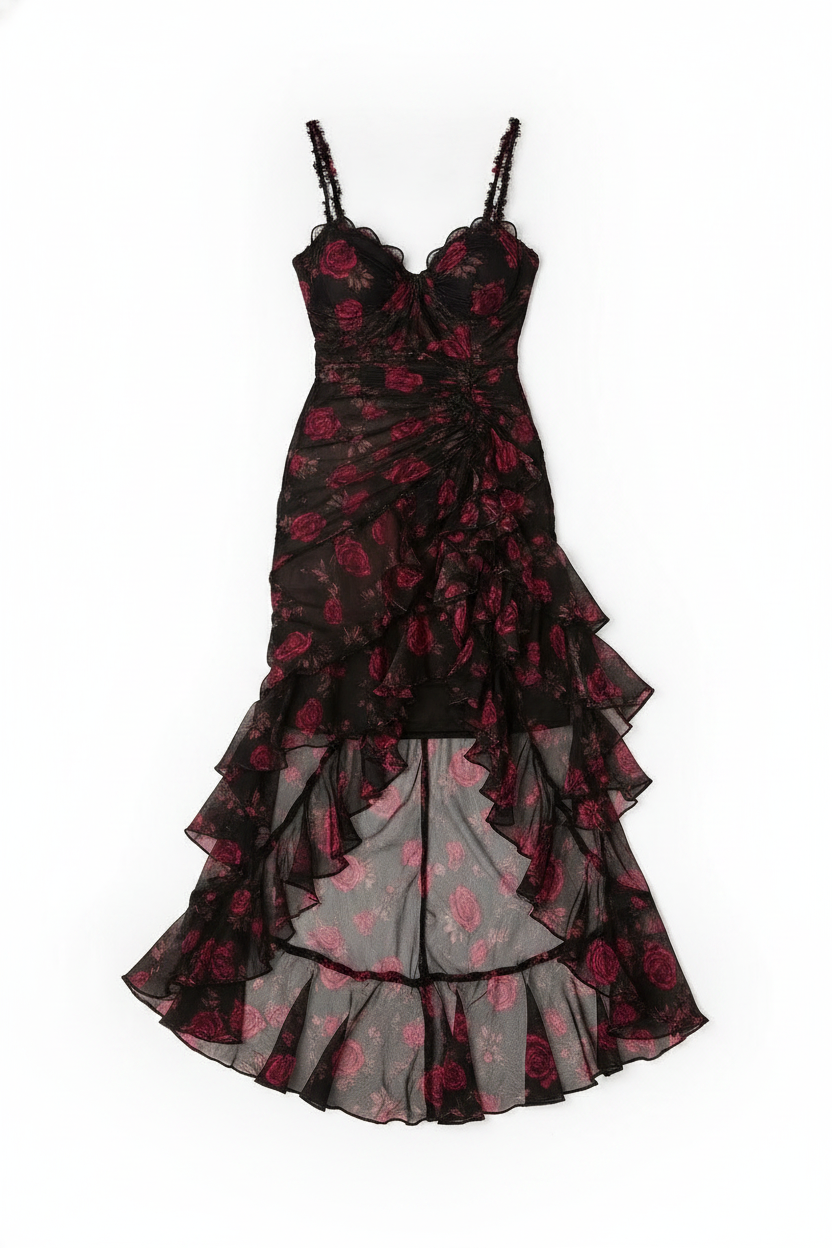 Rose Print Ruffled Asymmetrical Hem Midi Dress