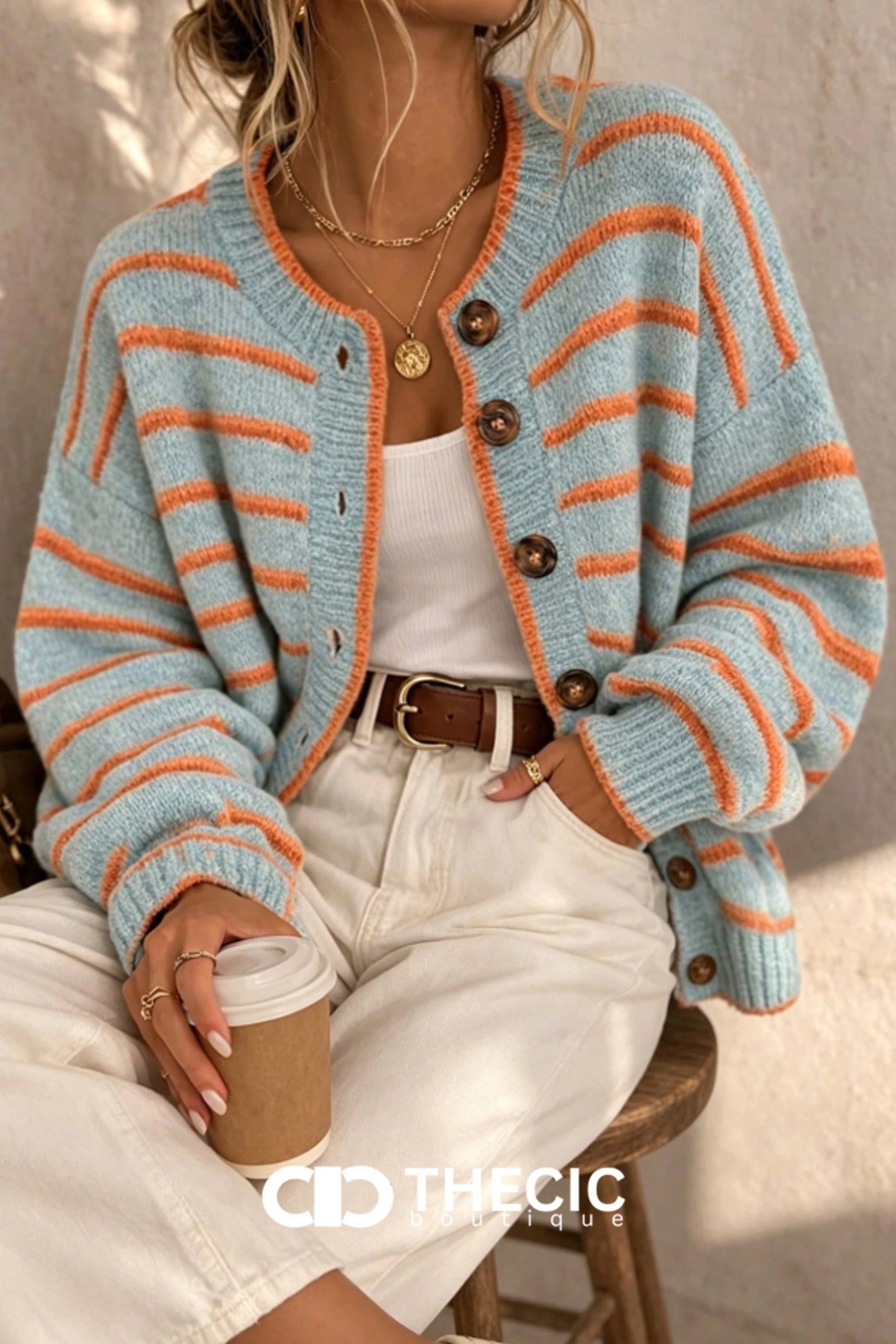 Round Neck Striped Knit Button-Front Cardigan