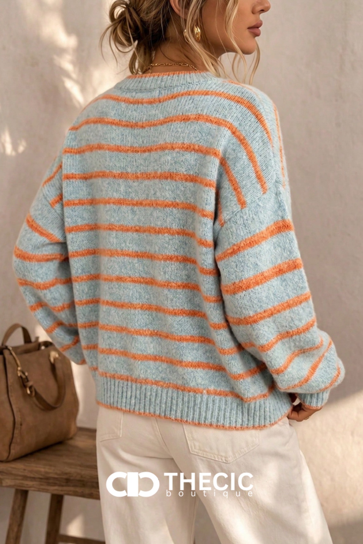 Round Neck Striped Knit Button-Front Cardigan