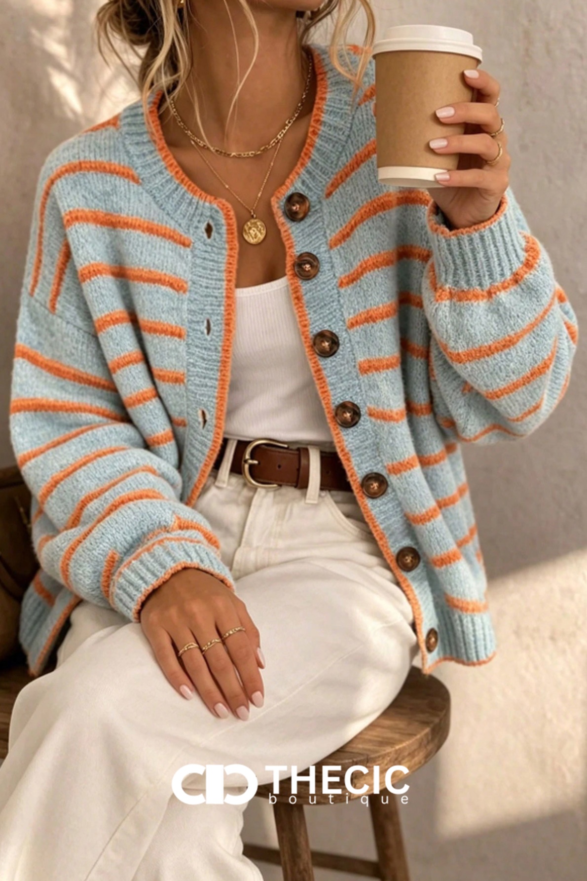 Round Neck Striped Knit Button-Front Cardigan