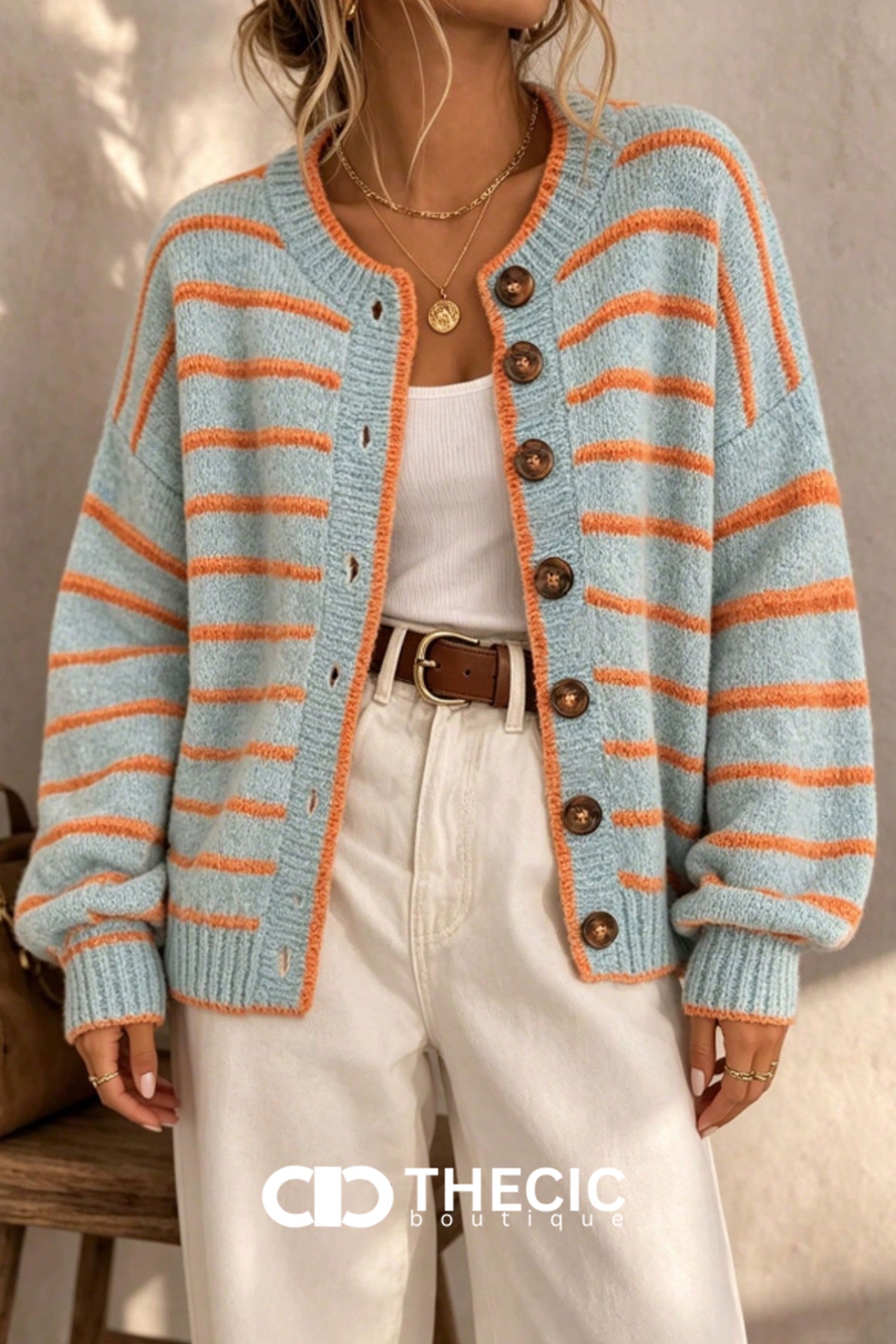 Round Neck Striped Knit Button-Front Cardigan