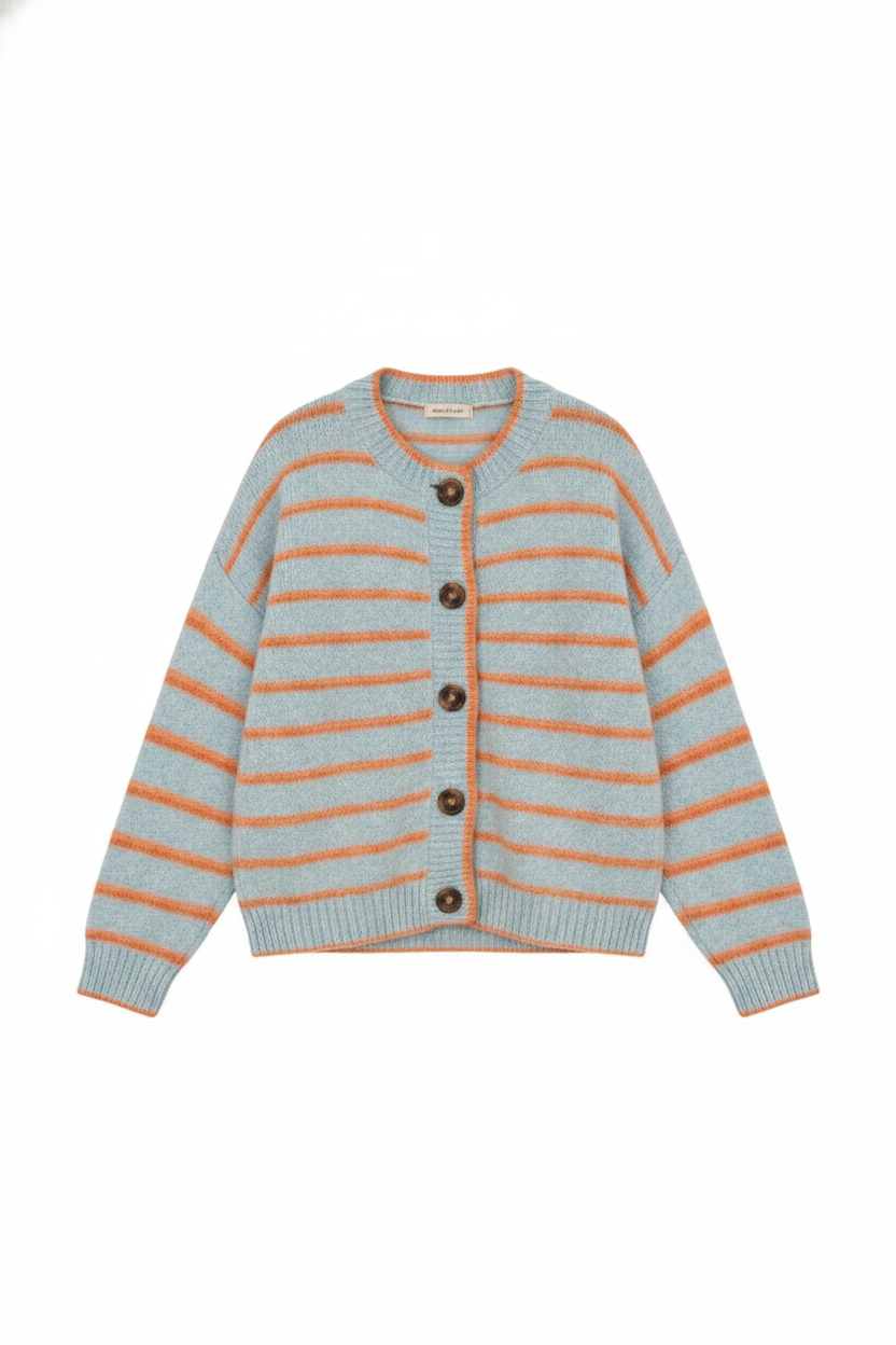 Round Neck Striped Knit Button-Front Cardigan