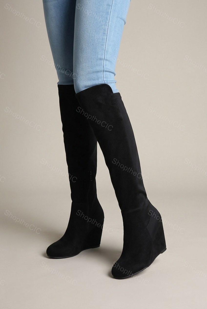 Round-Toe Suede Wedge Knee-High Boots
