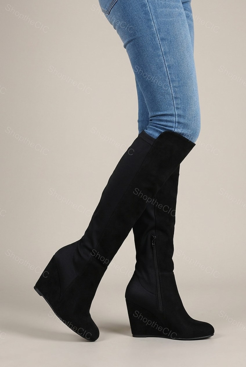 Round-Toe Suede Wedge Knee-High Boots