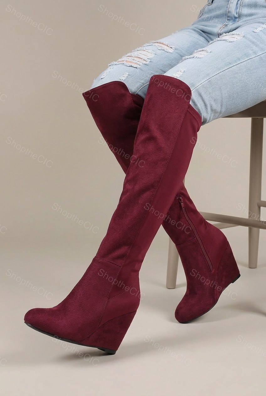 Round-Toe Suede Wedge Knee-High Boots