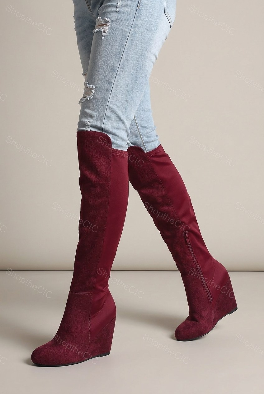 Round-Toe Suede Wedge Knee-High Boots