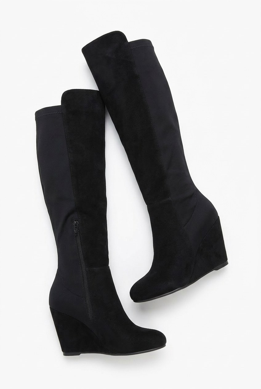 Round-Toe Suede Wedge Knee-High Boots
