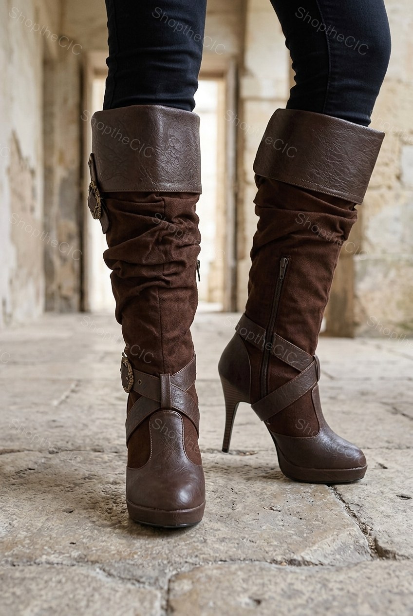 Ruched Buckle Fold-Over Platform Knee-High Boots