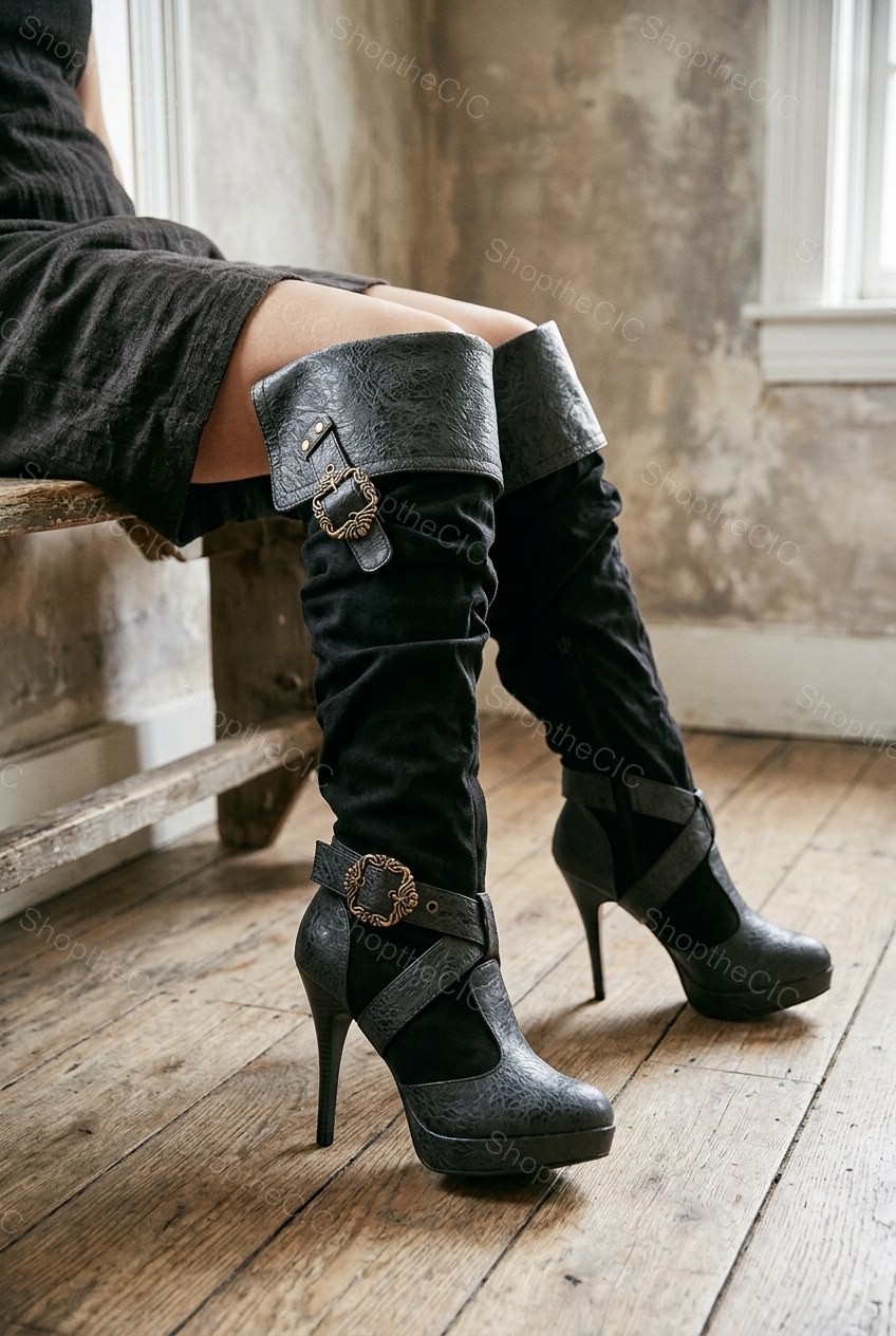 Ruched Buckle Fold-Over Platform Knee-High Boots