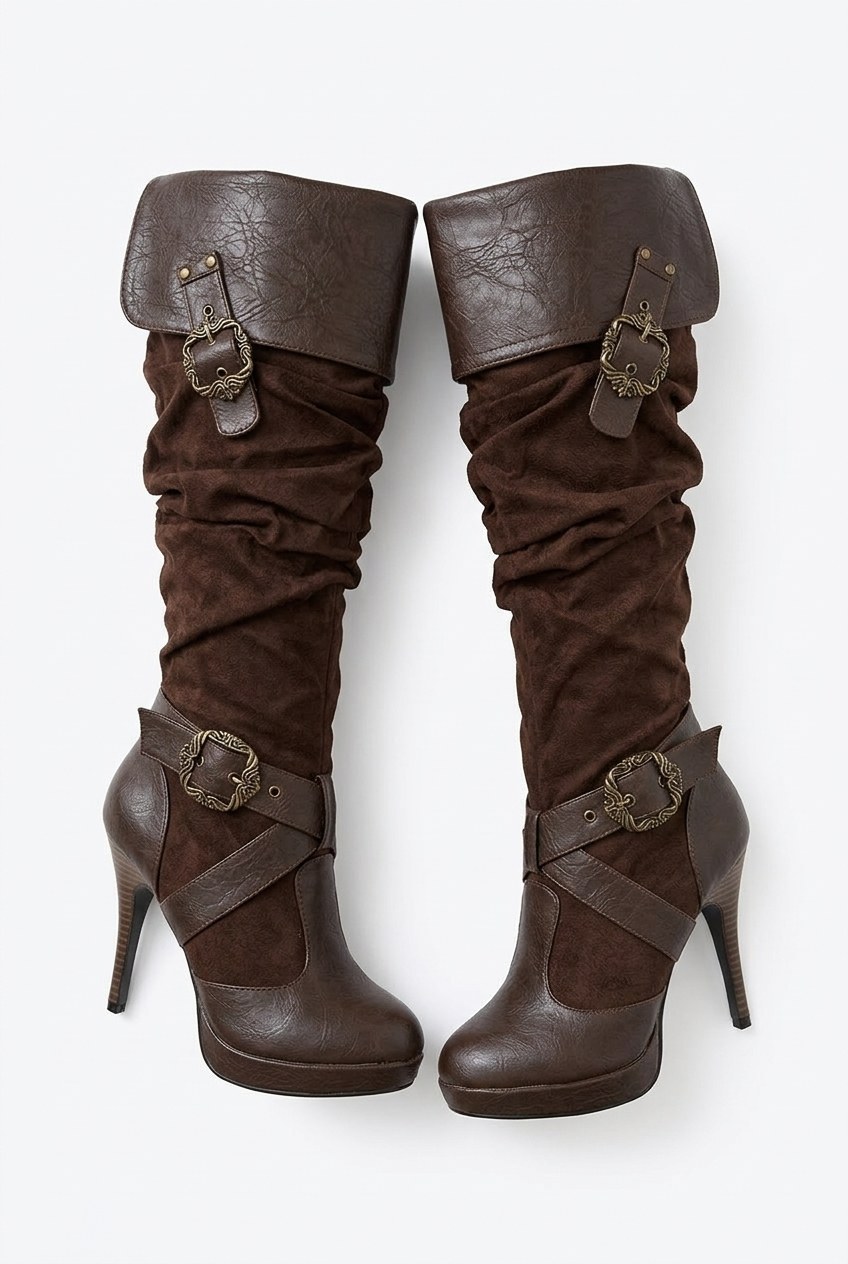 Ruched Buckle Fold-Over Platform Knee-High Boots