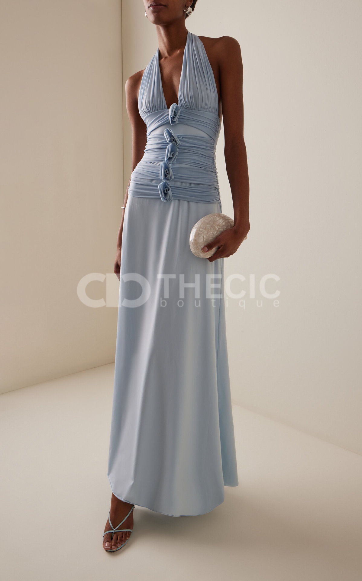 Ruched Floral Applique Halter Neck Maxi Dress