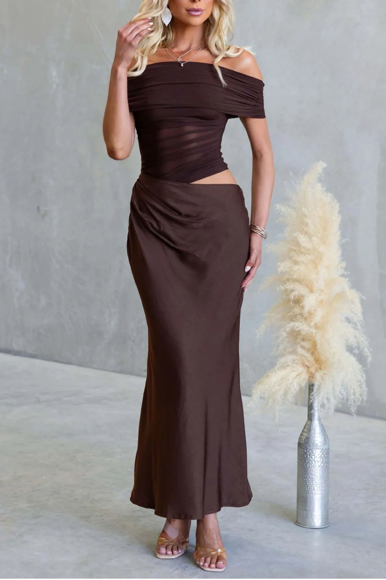 Ruched Off-Shoulder Draped Cut-Out Maxi Dress