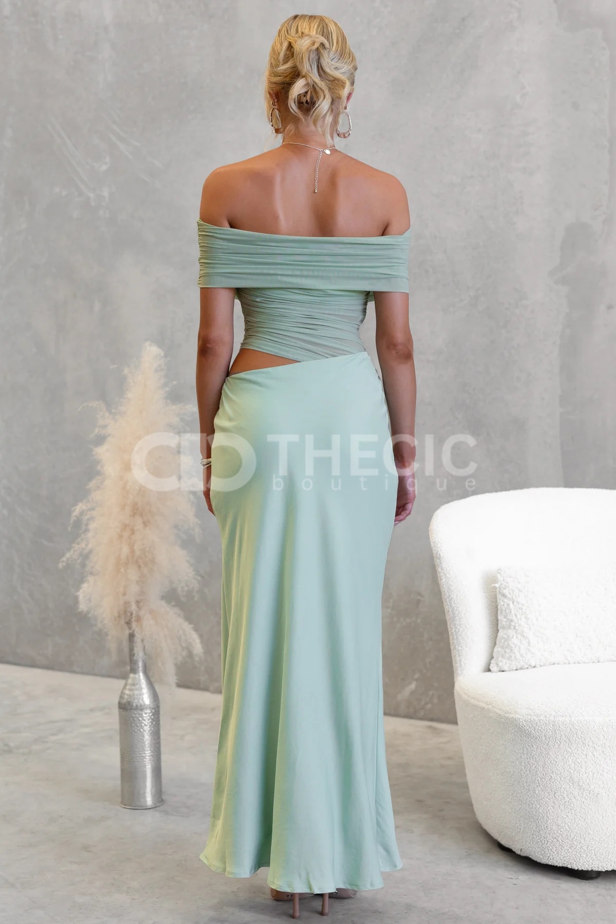 Ruched Off-Shoulder Draped Cut-Out Maxi Dress