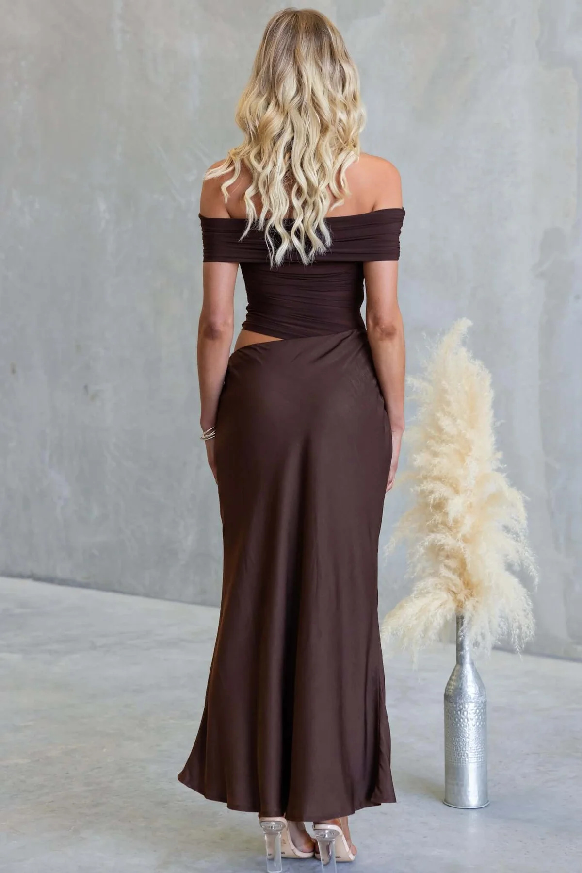 Ruched Off-Shoulder Draped Cut-Out Maxi Dress