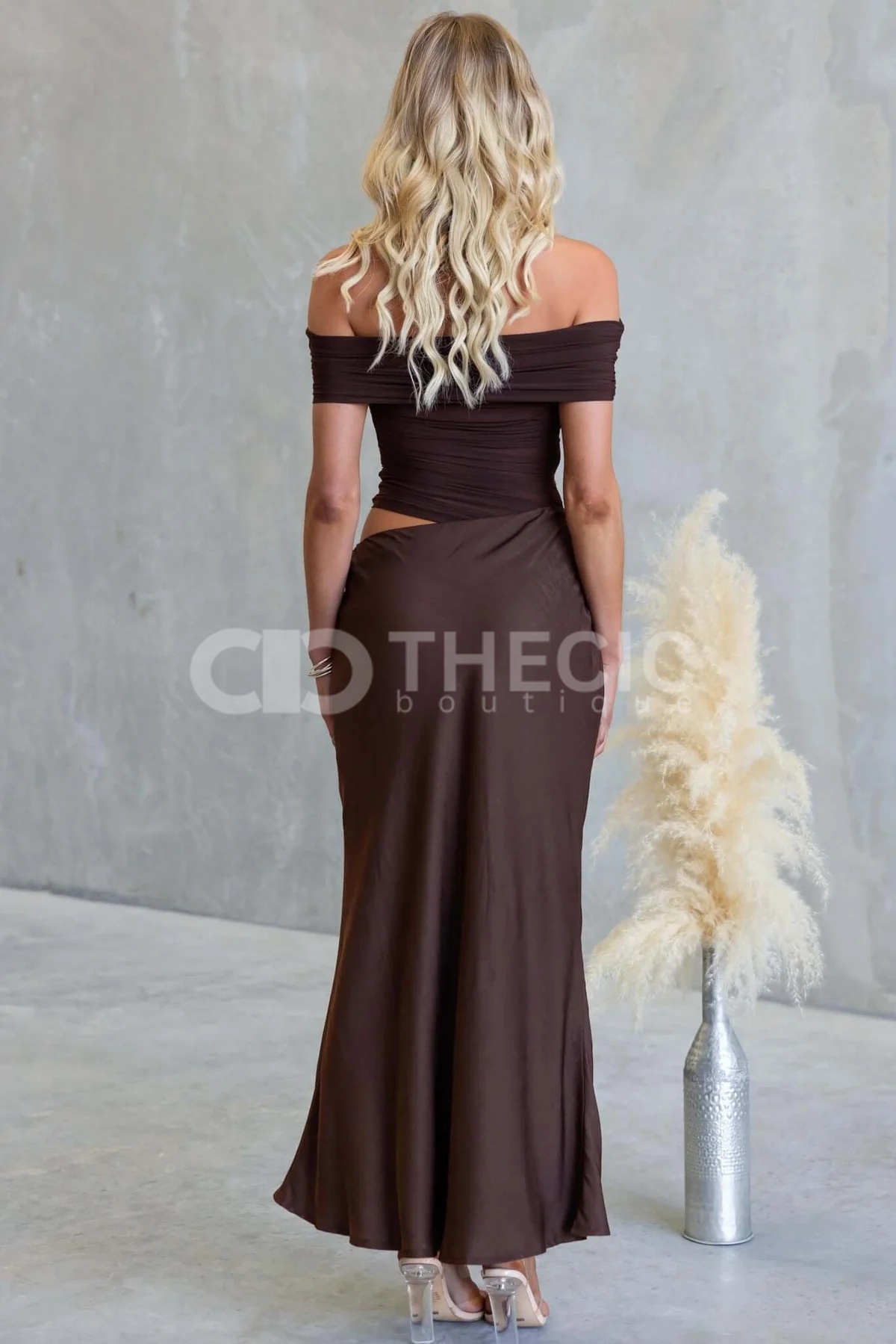 Ruched Off-Shoulder Draped Cut-Out Maxi Dress