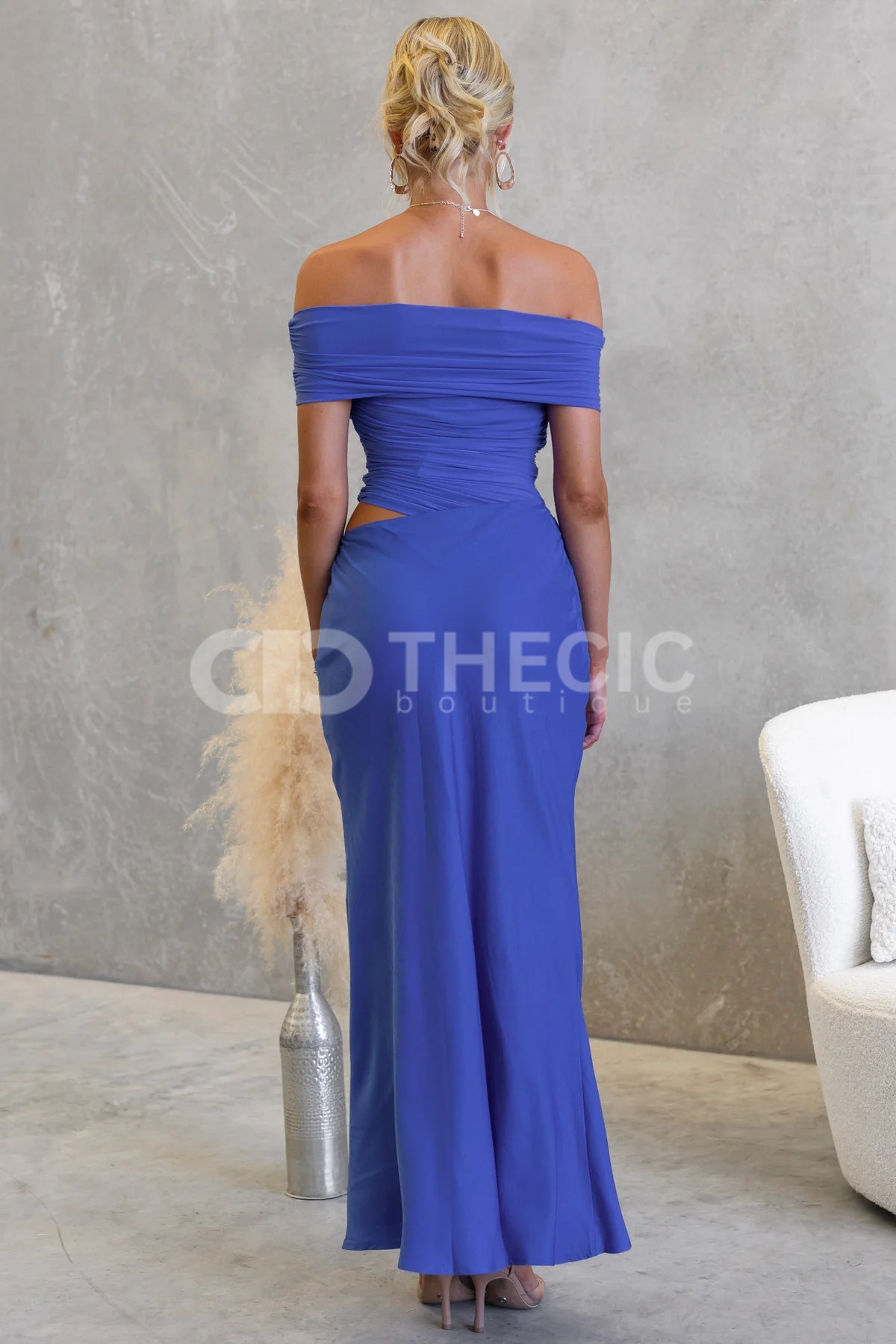 Ruched Off-Shoulder Draped Cut-Out Maxi Dress