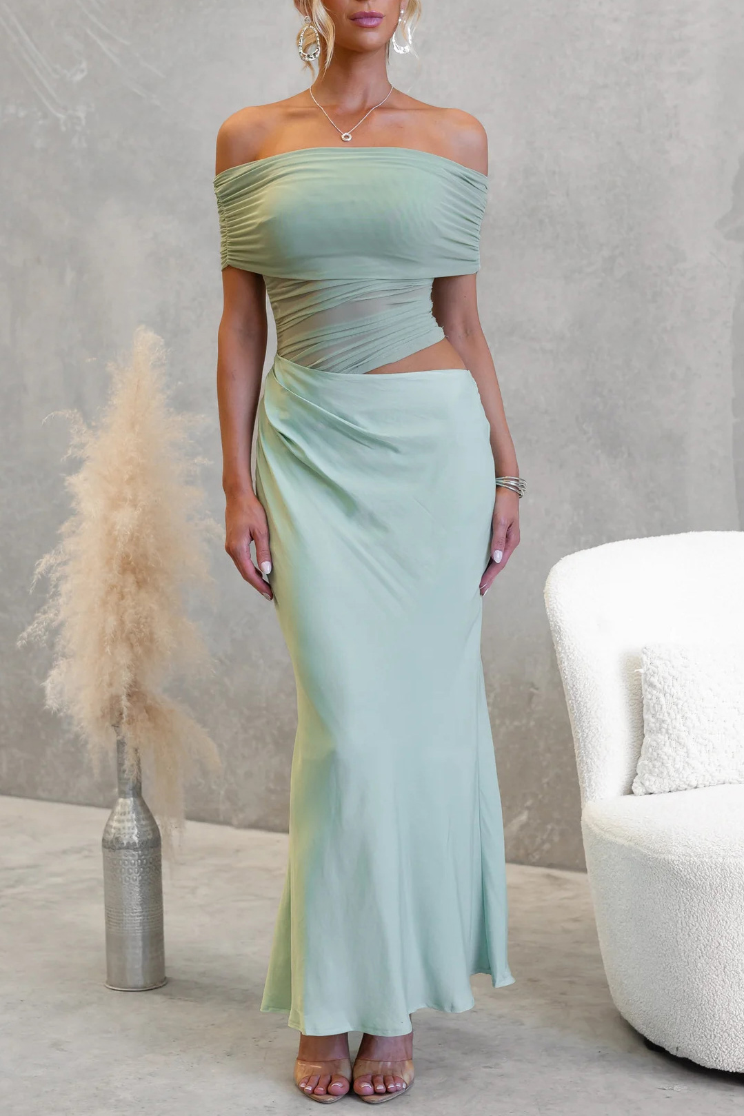 Ruched Off-Shoulder Draped Cut-Out Maxi Dress