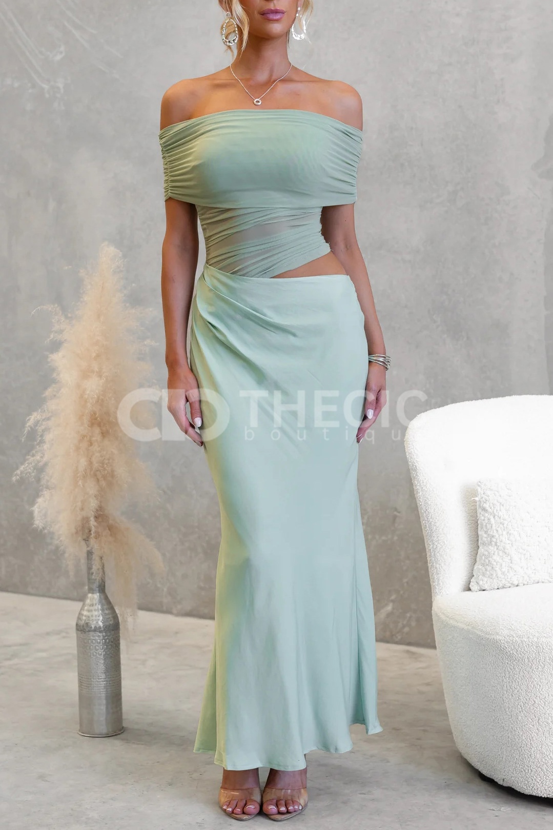 Ruched Off-Shoulder Draped Cut-Out Maxi Dress