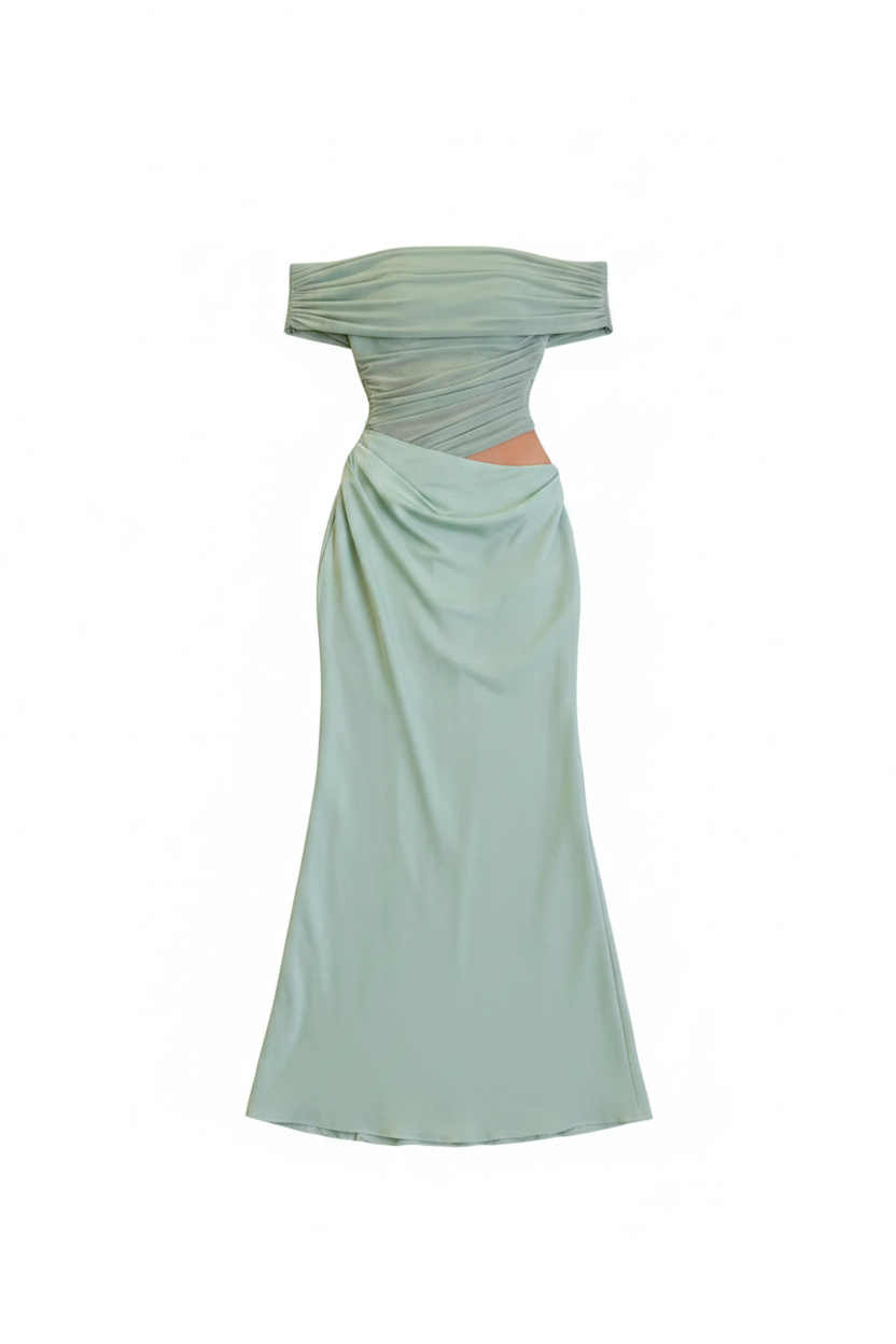 Ruched Off-Shoulder Draped Cut-Out Maxi Dress