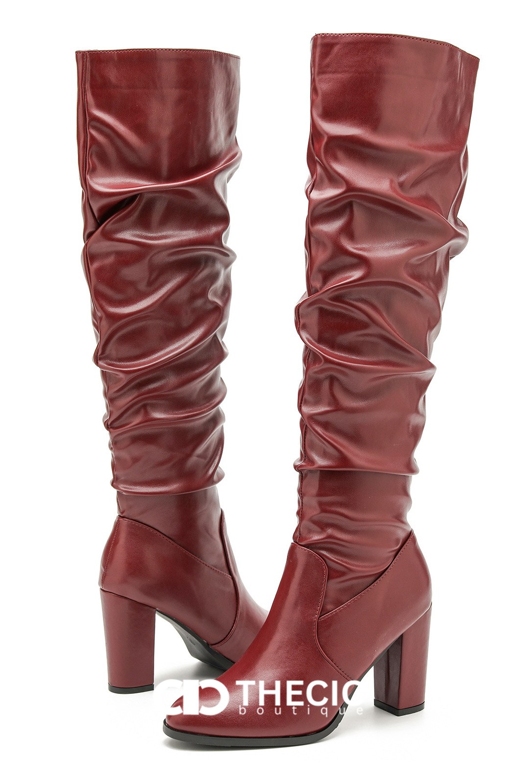 Ruched Pointed-Toe Block Heel Over-the-Knee Boots