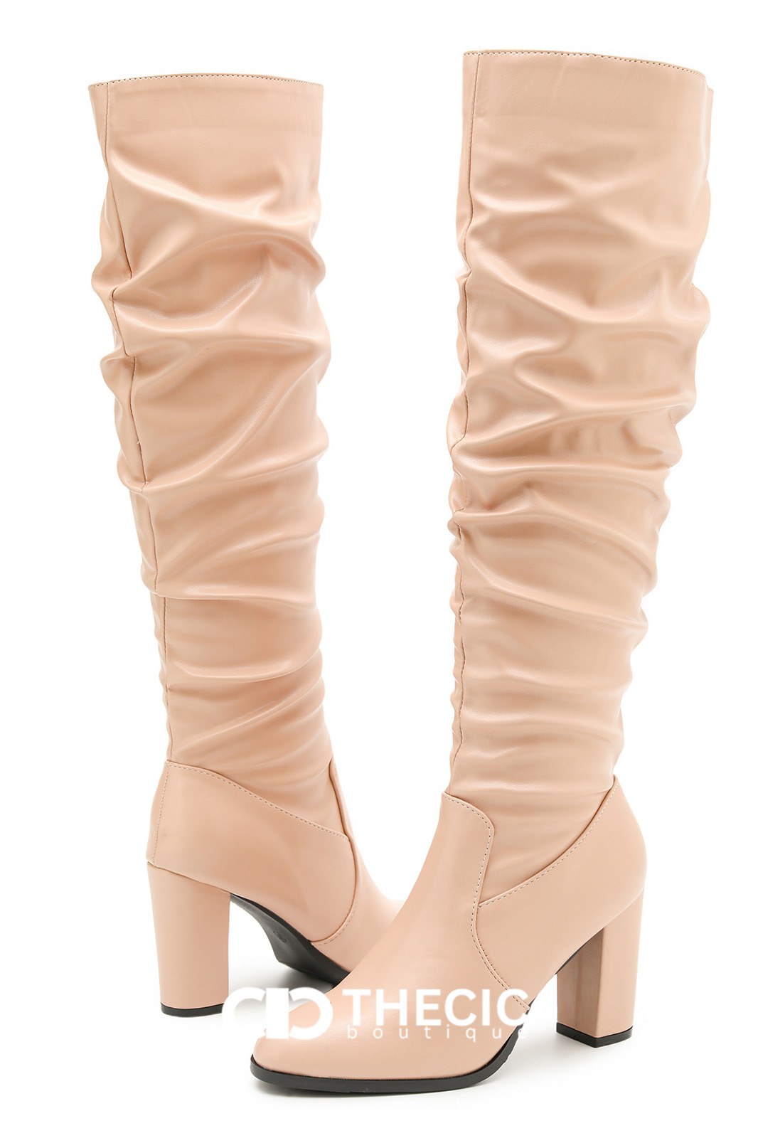 Ruched Pointed-Toe Block Heel Over-the-Knee Boots