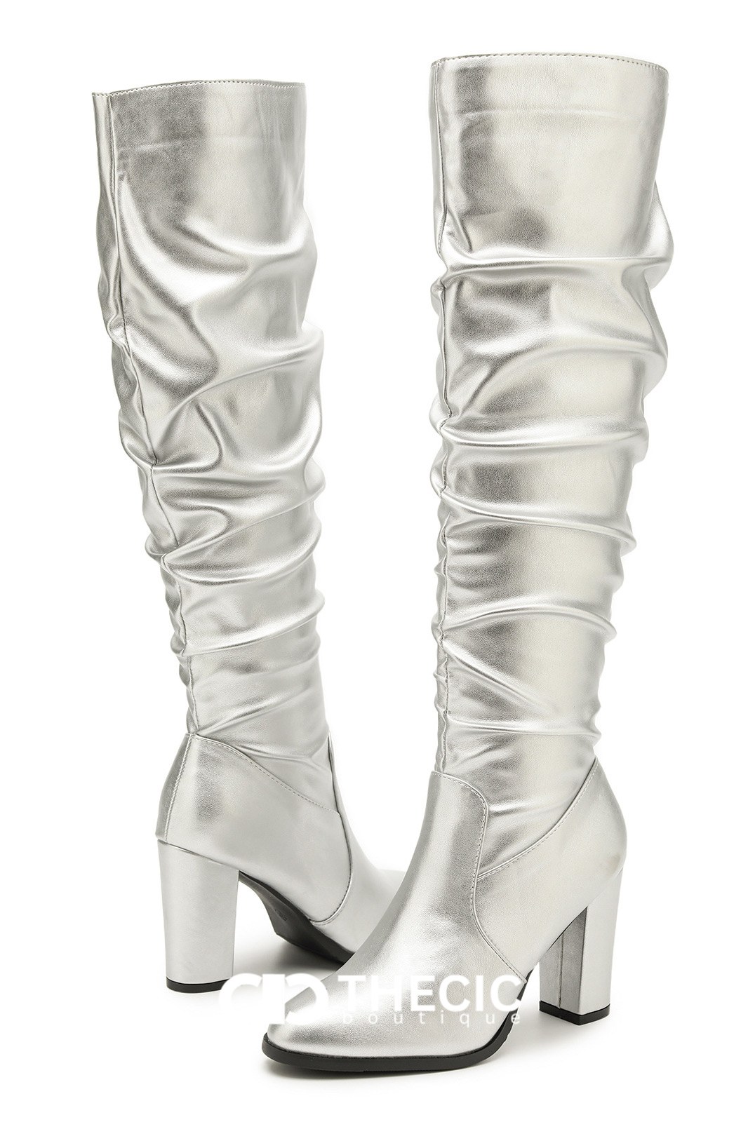 Ruched Pointed-Toe Block Heel Over-the-Knee Boots