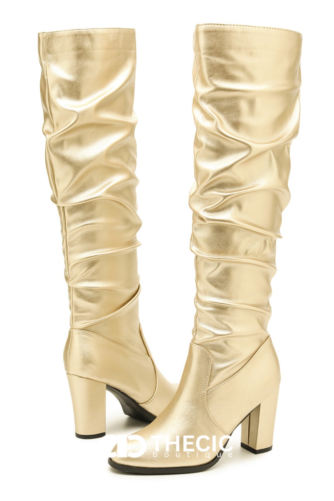 Ruched Pointed-Toe Block Heel Over-the-Knee Boots