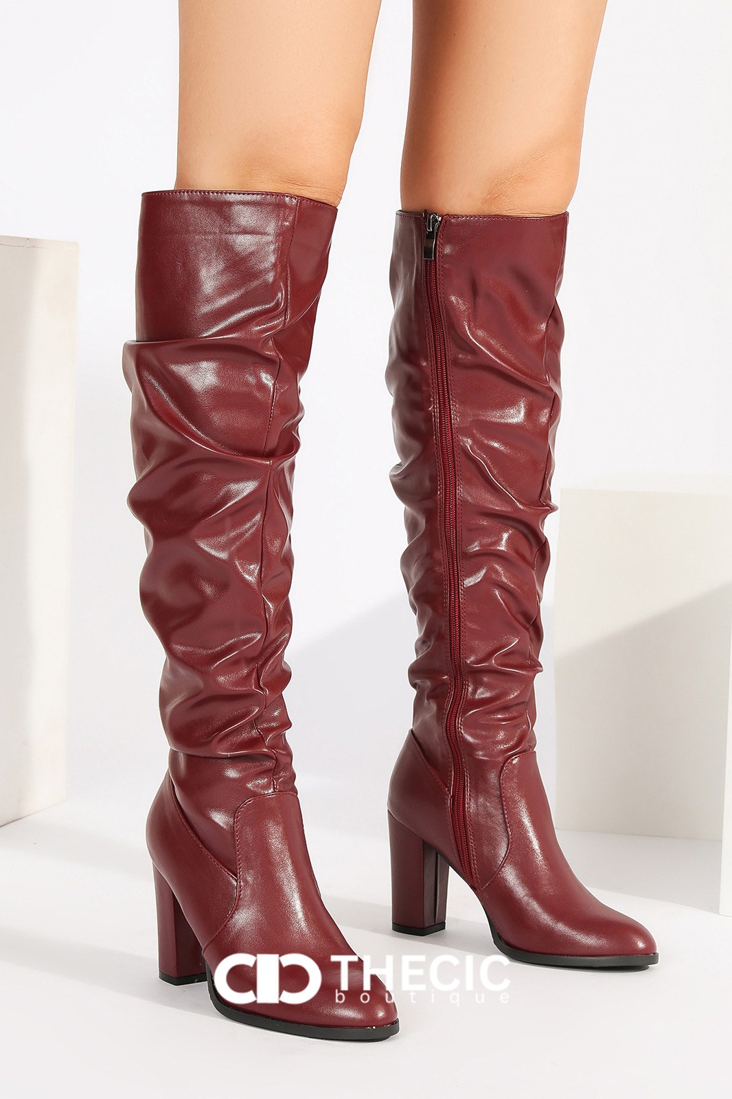 Ruched Pointed-Toe Block Heel Over-the-Knee Boots