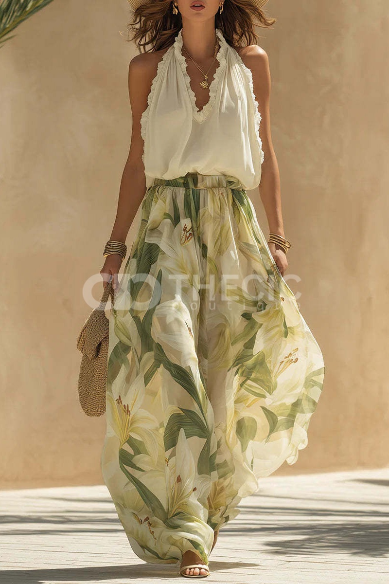 Ruffled Halter Floral Print Wide-Leg Pants Set