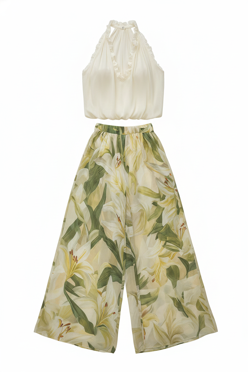 Ruffled Halter Floral Print Wide-Leg Pants Set