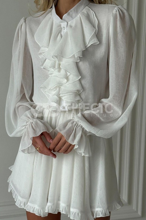 Ruffled High-Neck Puff-Sleeve Mini Dress
