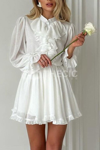 Ruffled High-Neck Puff-Sleeve Mini Dress