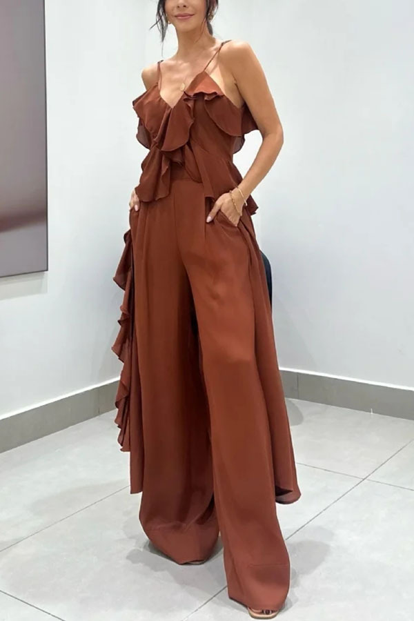 Ruffled Spaghetti Strap Wide-Leg Jumpsuit