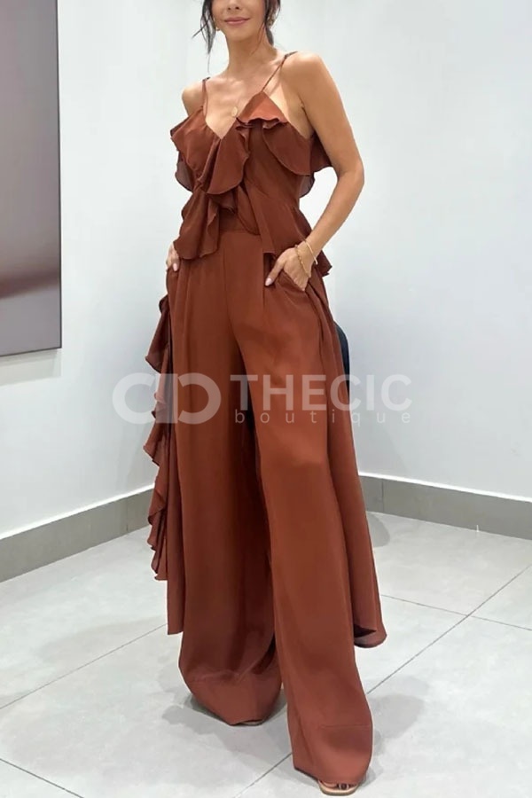 Ruffled Spaghetti Strap Wide-Leg Jumpsuit