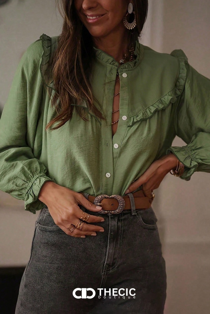 Ruffled Stand Collar Puff Sleeve Blouse