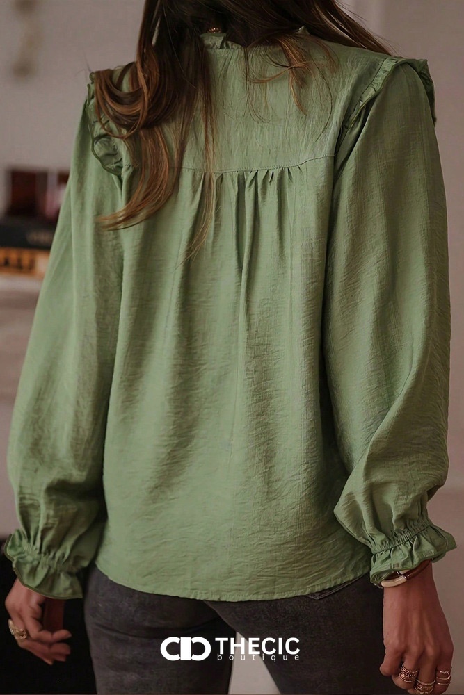 Ruffled Stand Collar Puff Sleeve Blouse