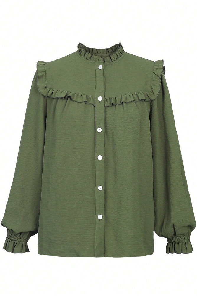Ruffled Stand Collar Puff Sleeve Blouse