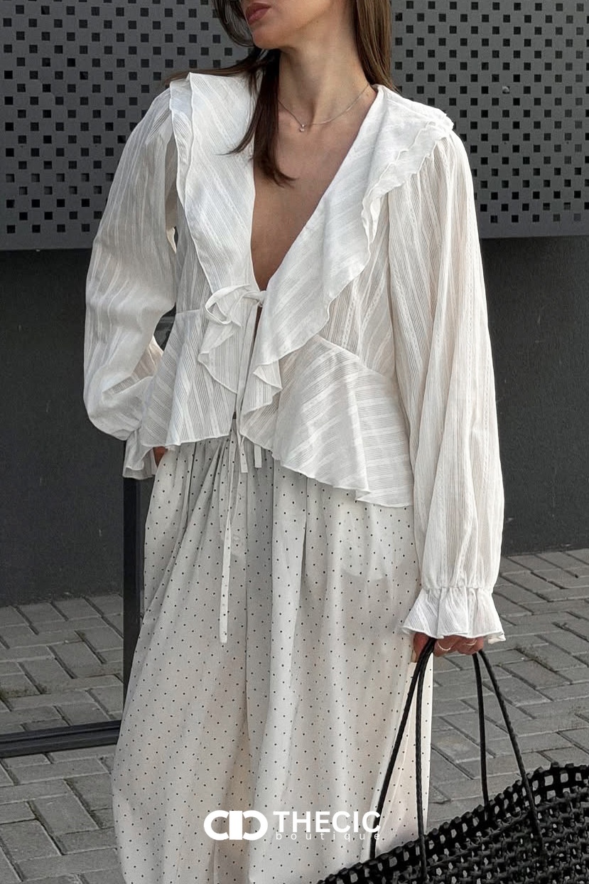 Ruffled V-Neck Tie-Front Sheer Blouse